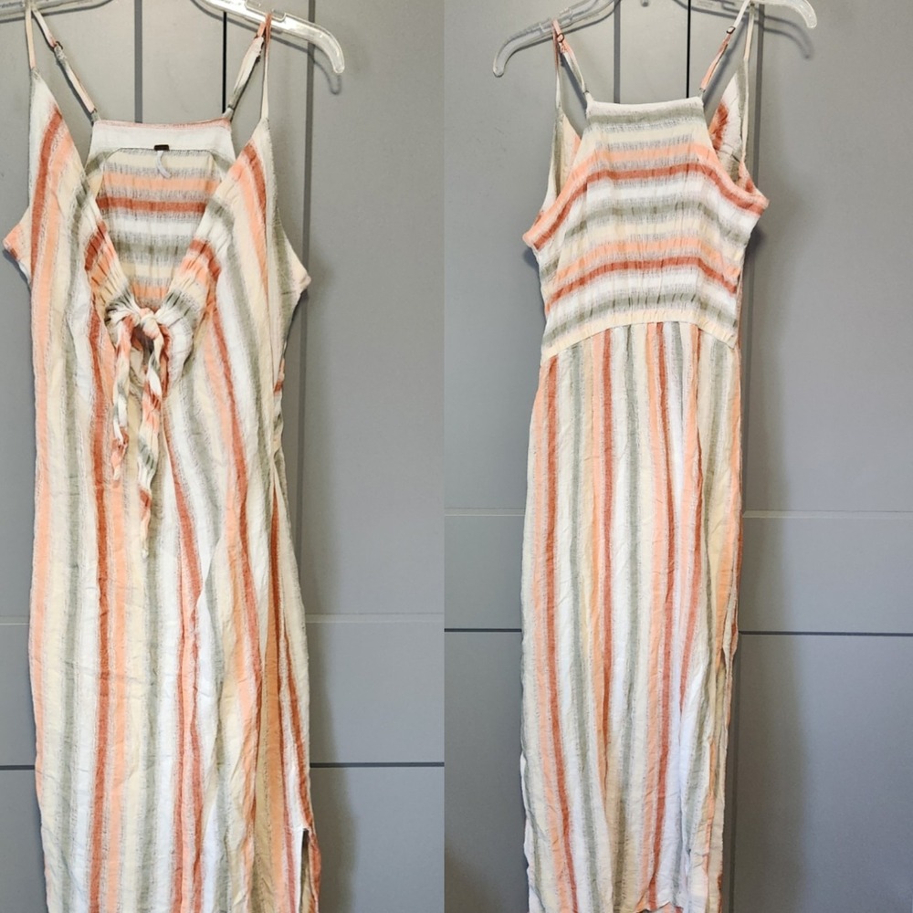 YFB Young Fabulous & Broke Striped Linen Blend Tie Front Maxi Dress L Large